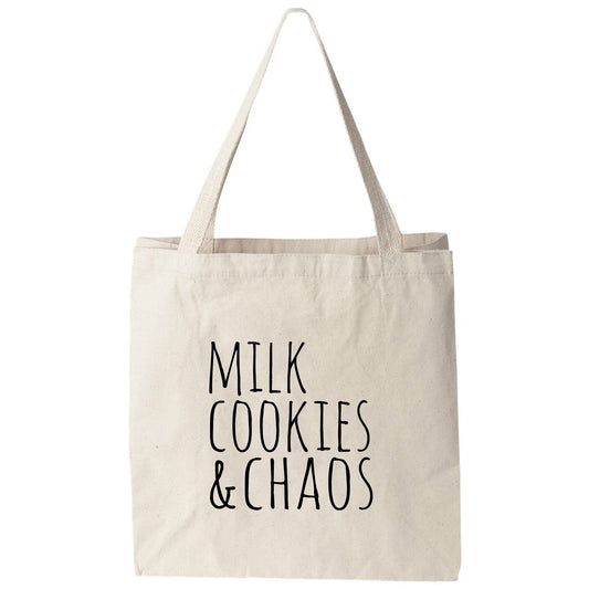 a tote bag that says milk cookies and chaos