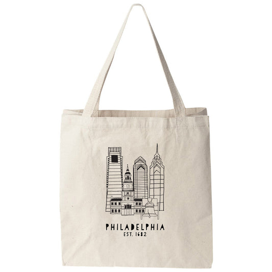 a white tote bag with a picture of philadelphia