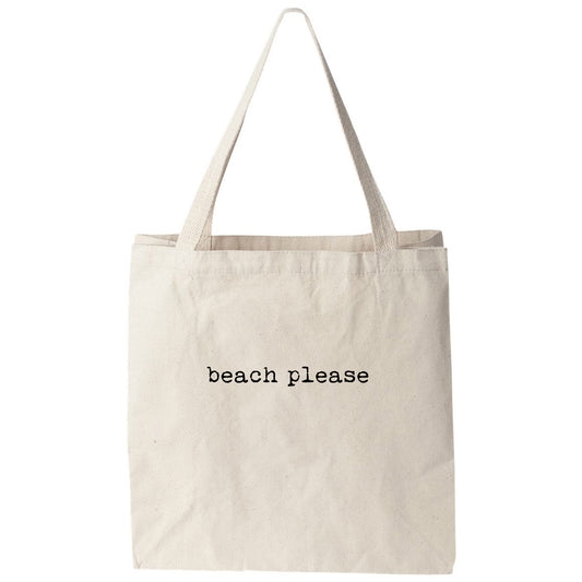 a white bag with the words beach please printed on it