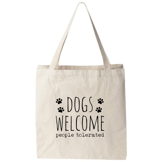 a tote bag with a dog's welcome message