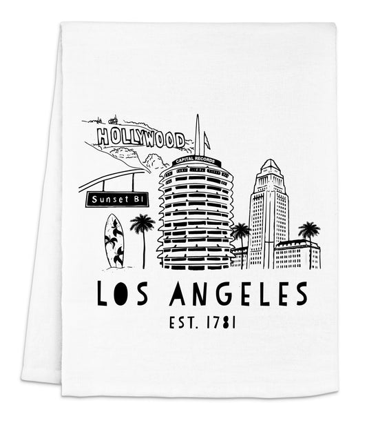 a towel with a picture of the los angeles skyline