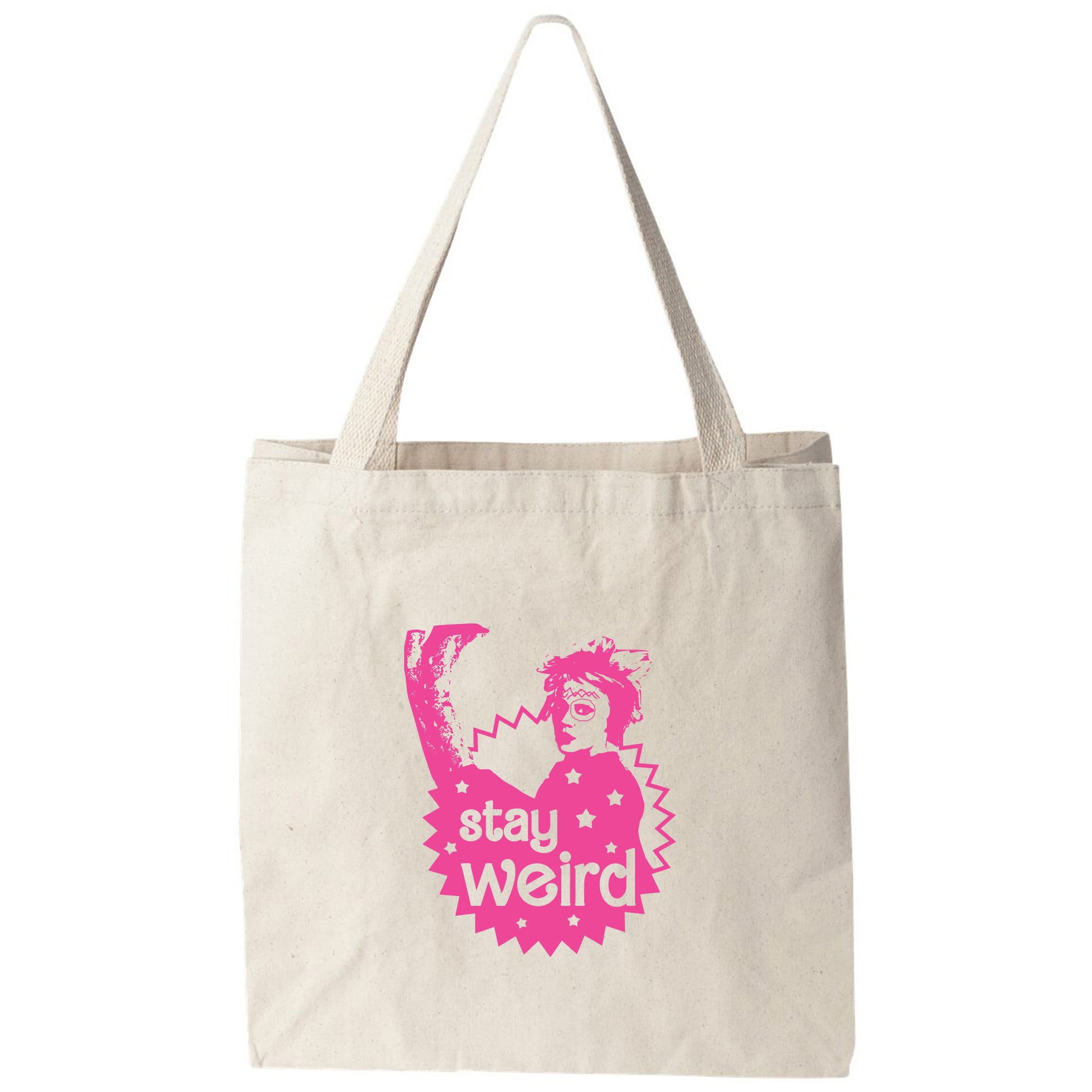 a pink tote bag with a woman's face on it