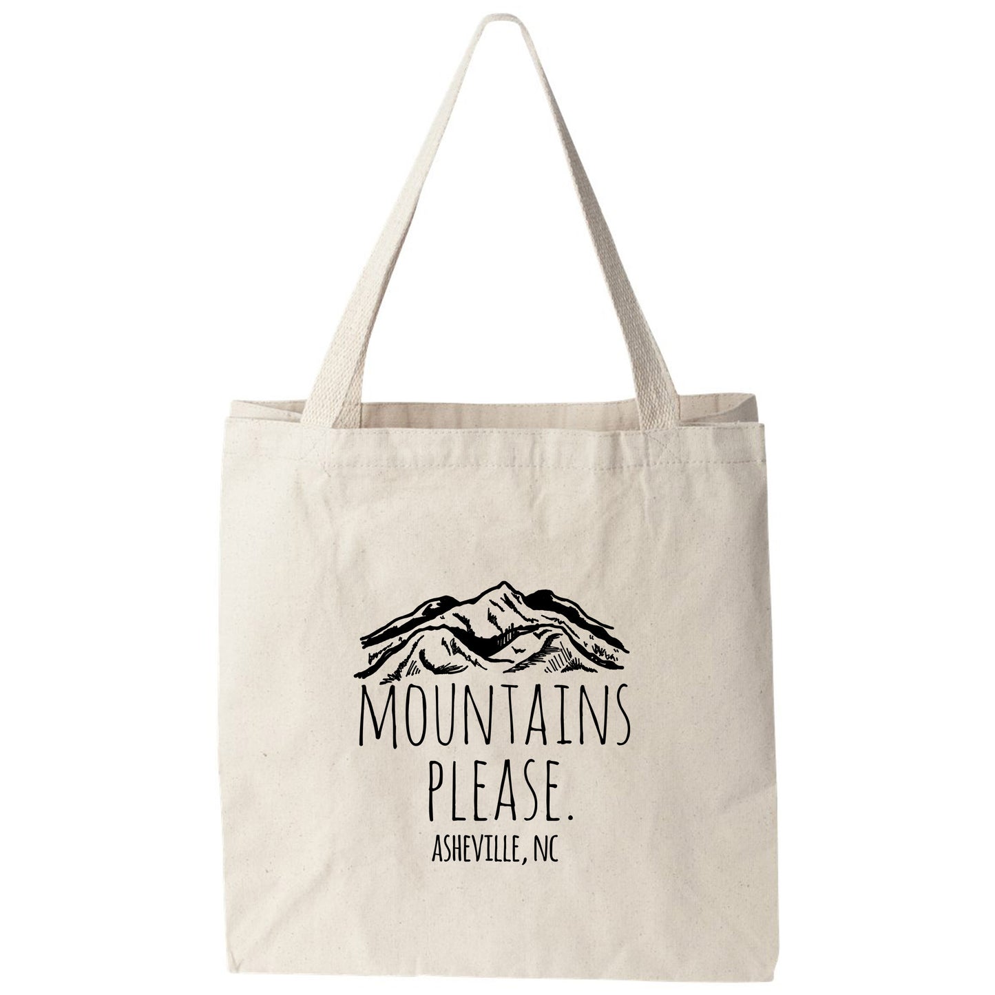 a tote bag with the words mountains please on it