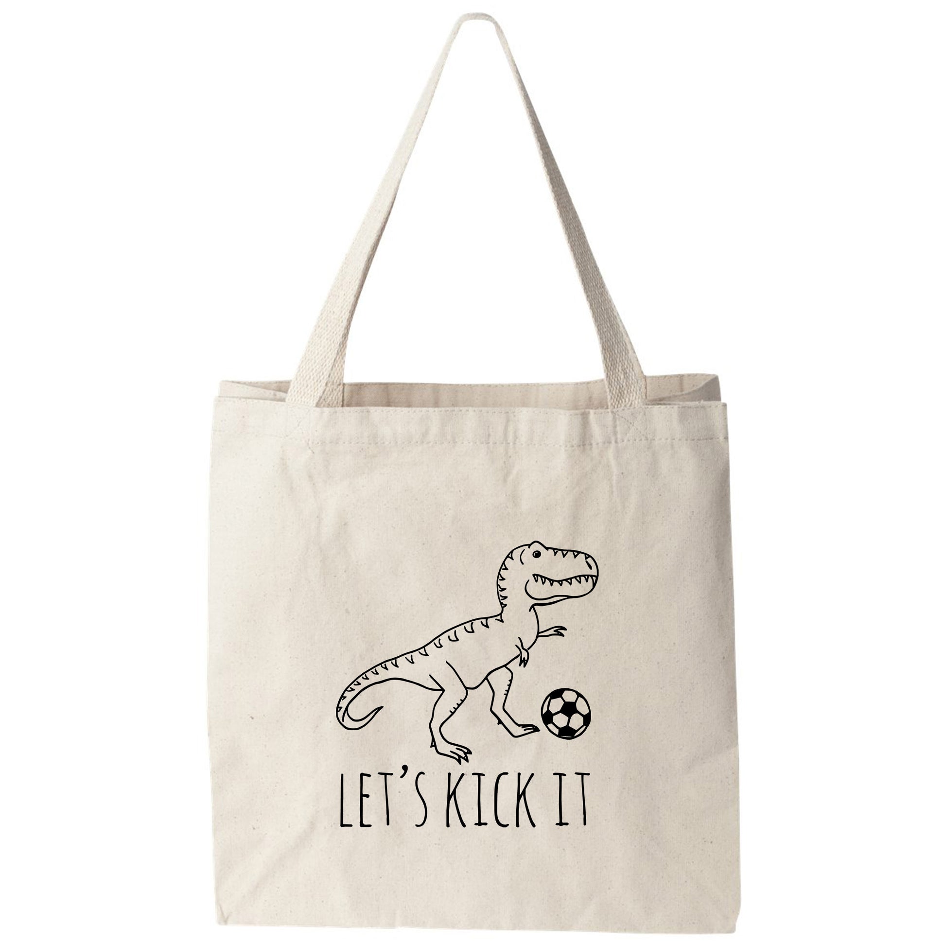 a tote bag with a drawing of a dinosaur on it