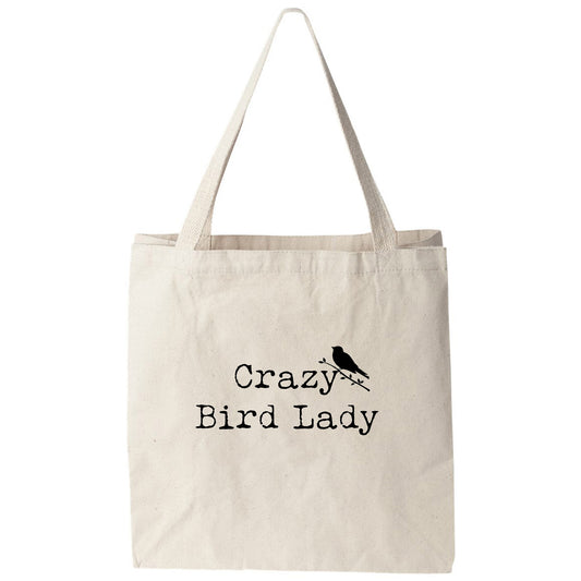 a tote bag with the words crazy bird lady printed on it