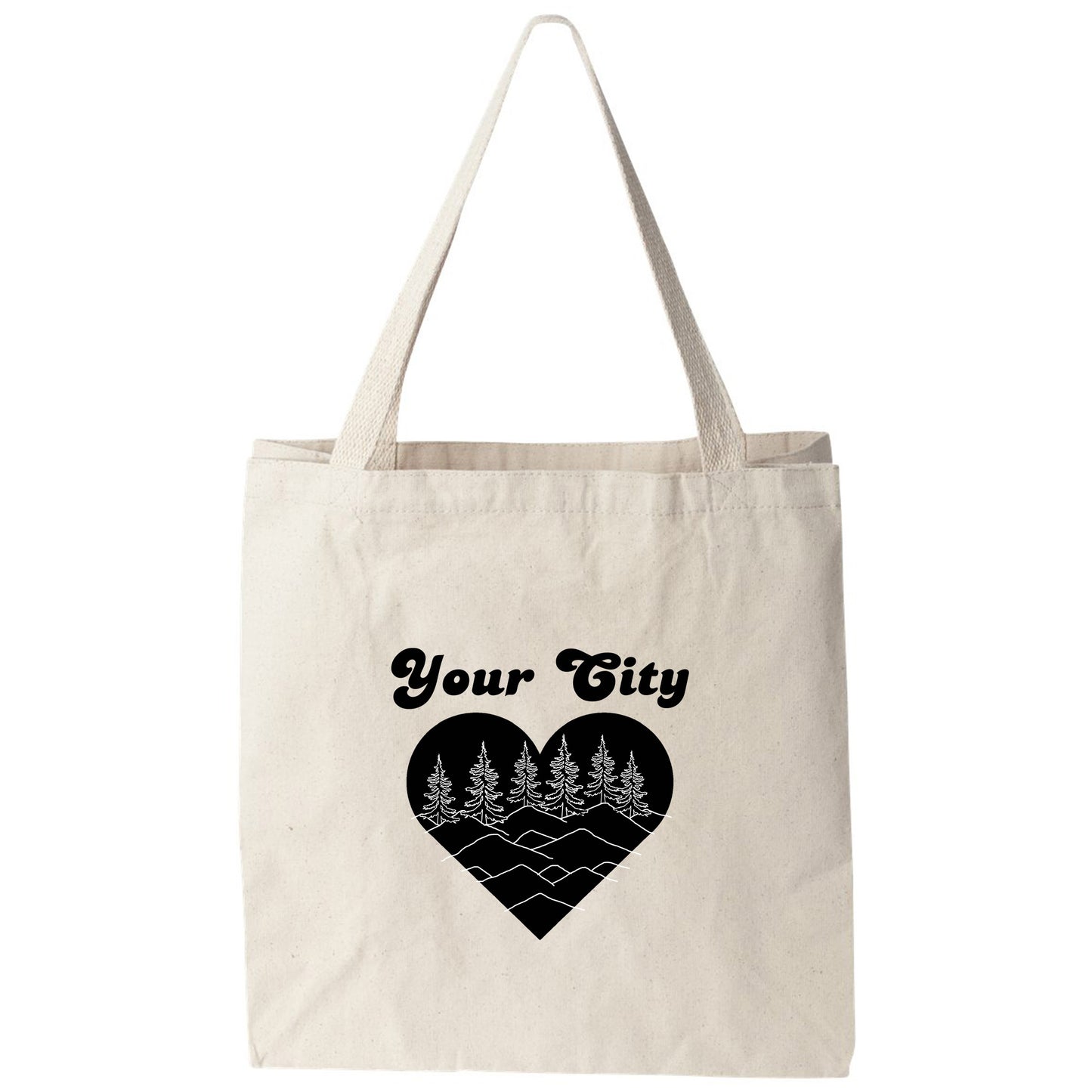 a tote bag with a heart and trees on it
