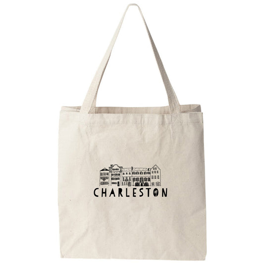 a white tote bag with the words charleston on it
