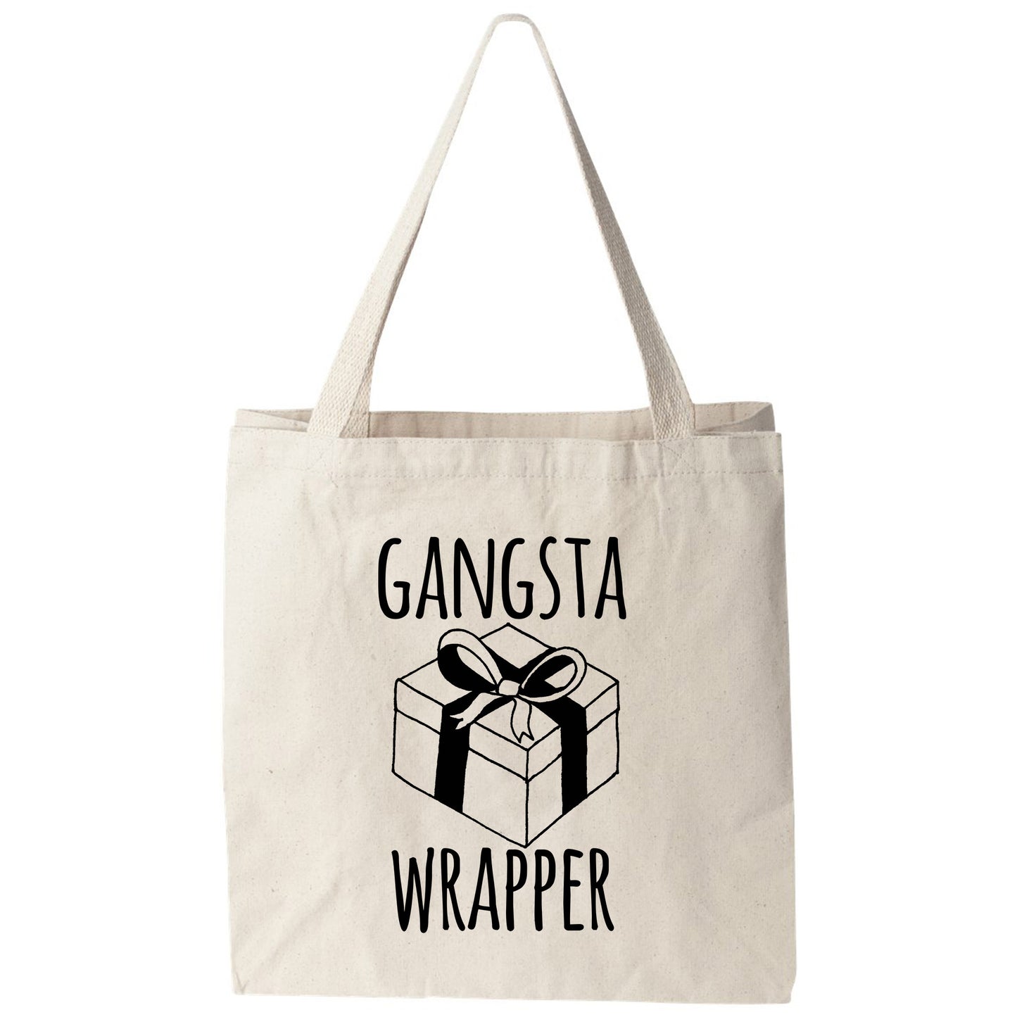 a canvas bag with a black and white image of a gift wrapped in a ribbon