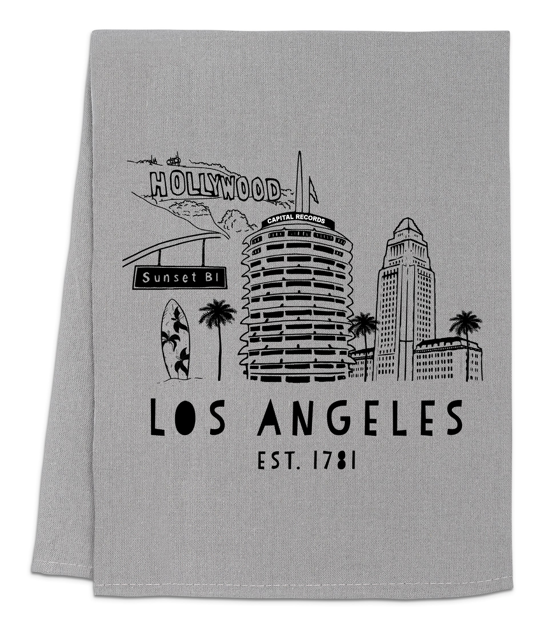 a towel with a picture of the los angeles skyline