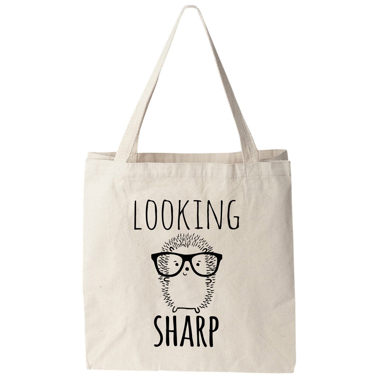 a tote bag with an image of a sheep wearing glasses