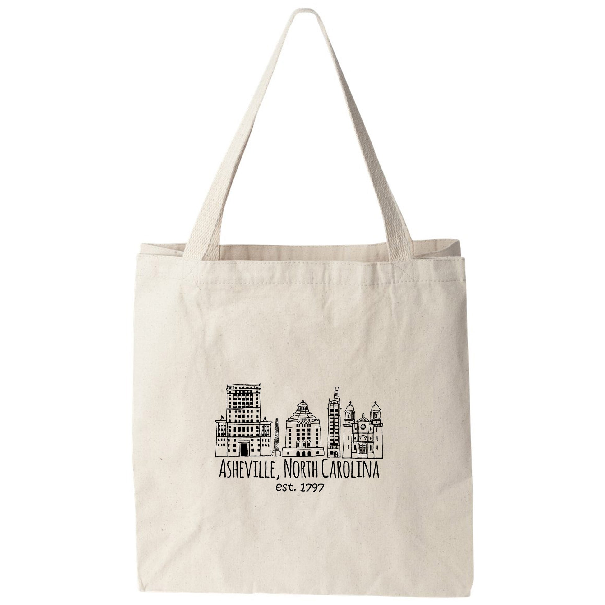 a tote bag with a city skyline on it