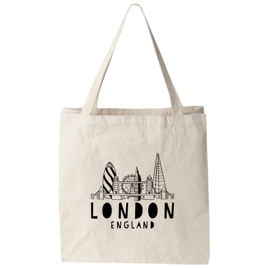 a tote bag with the london england skyline on it