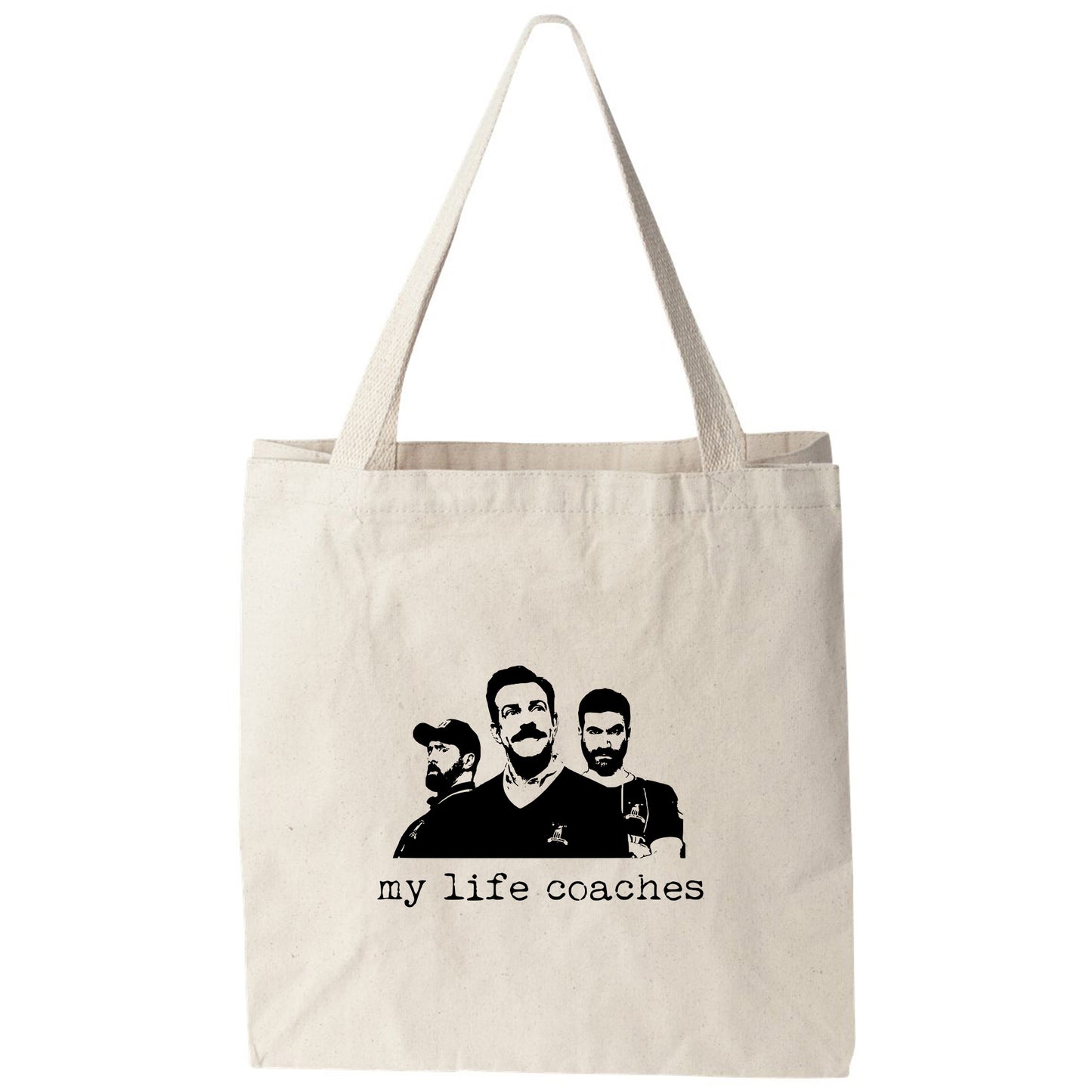 a tote bag with a picture of two men on it