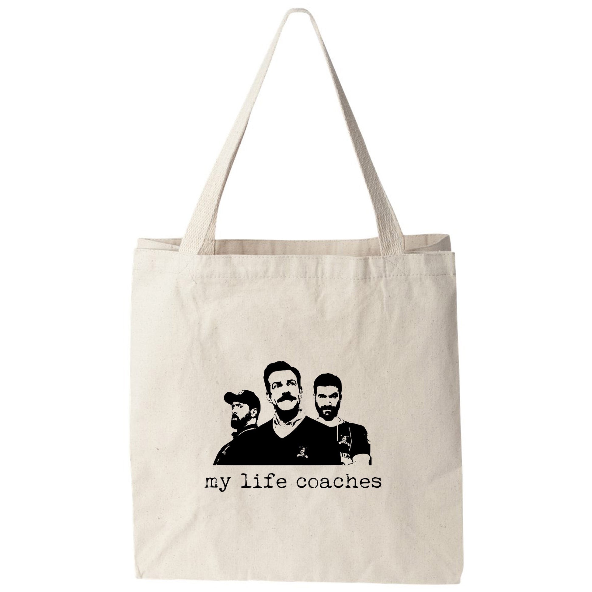 a tote bag with a picture of two men on it