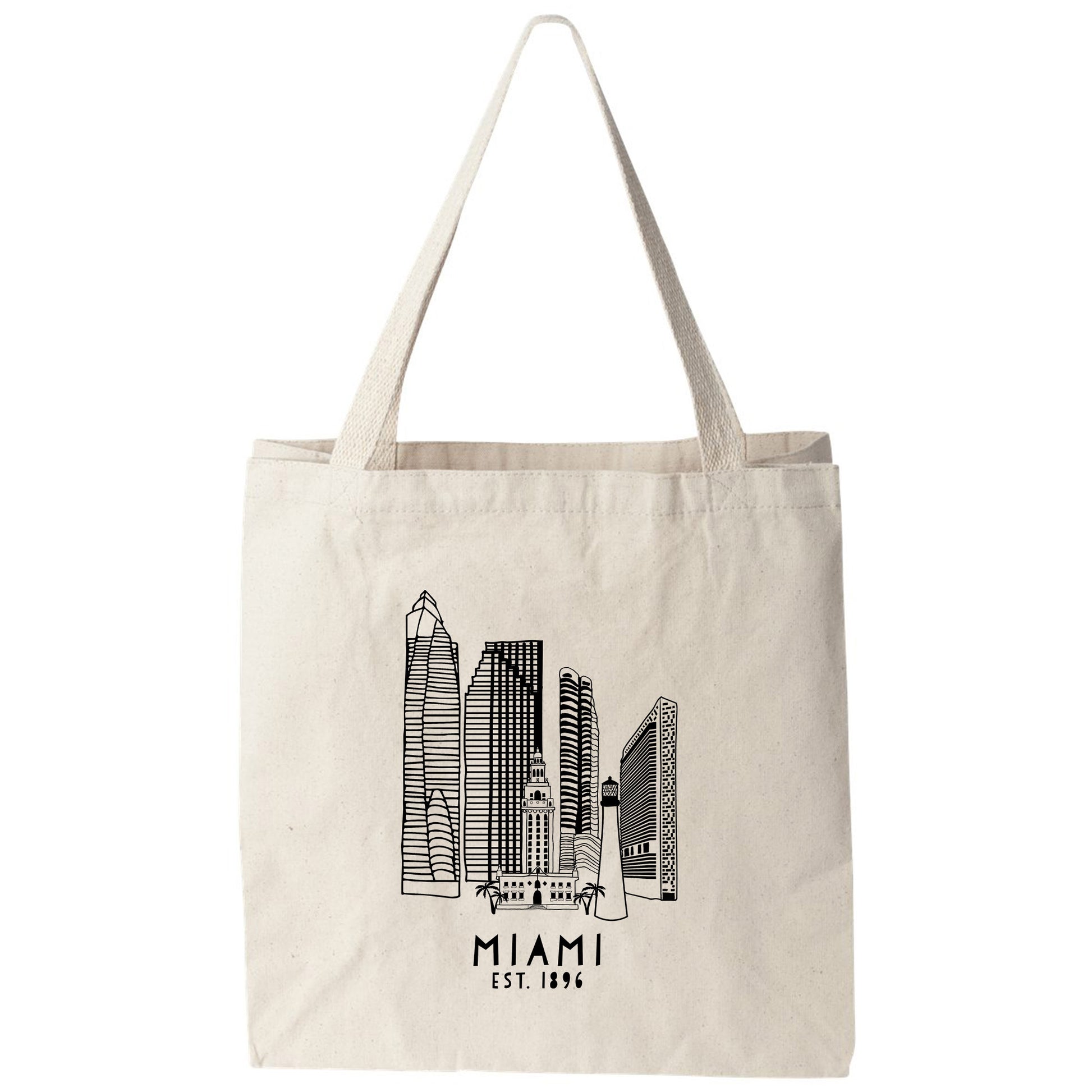 a tote bag with a picture of the miami skyline