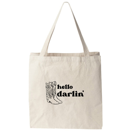 a white tote bag with the words hello darlin on it