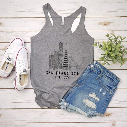 a women's tank top with the san francisco skyline on it
