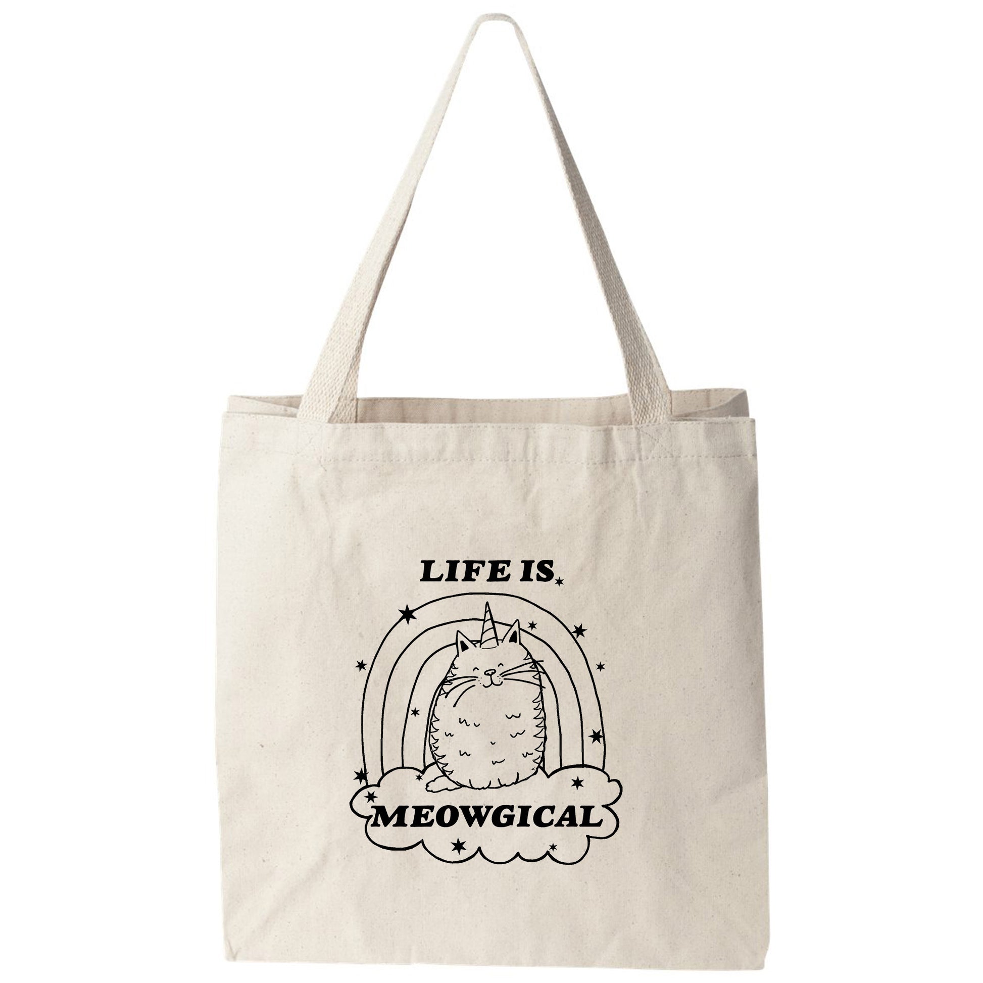 a tote bag with the words life is meowical on it