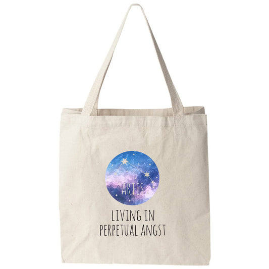 a tote bag with the words living in perpetual angst printed on