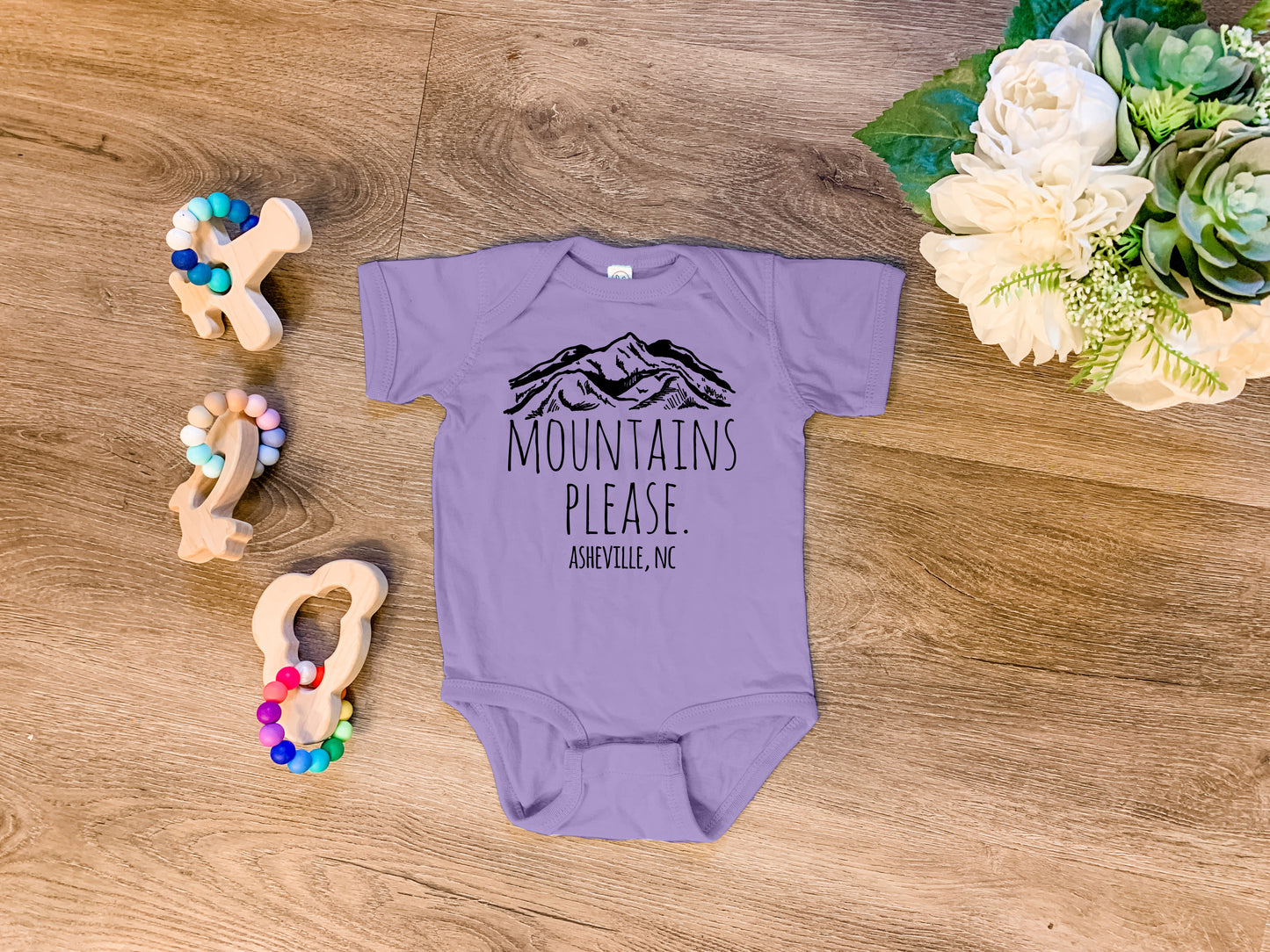 Mountains Please Asheville, Asheville, NC - Onesie - Heather Gray, Chill, or Lavender