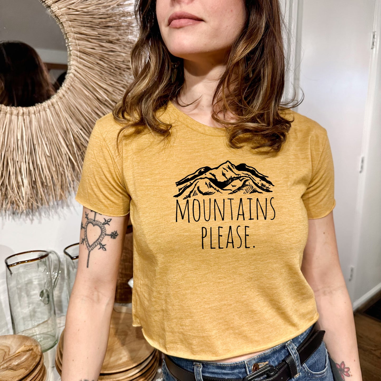 Mountains Please - Women's Crop Tee - Heather Gray or Gold