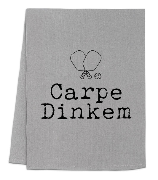 a gray towel with the words carpe dinken on it