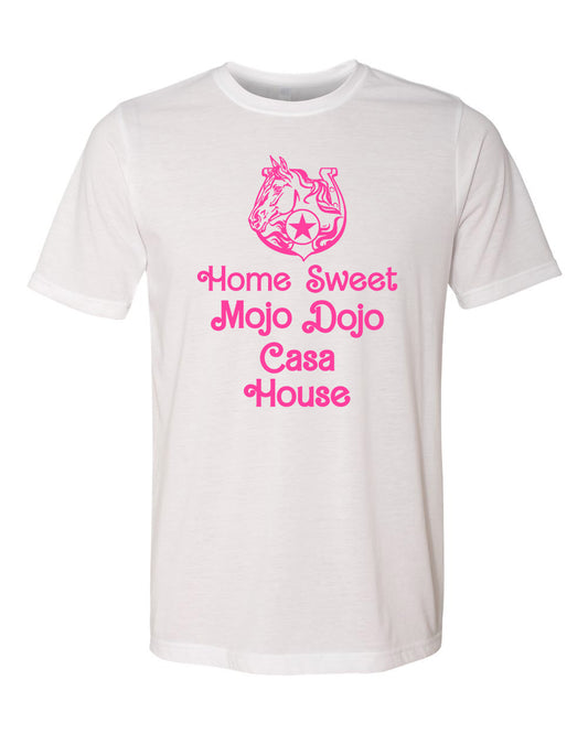Home Sweet Mojo Dojo Casa House - Men's / Unisex Tee - White with Pink Ink