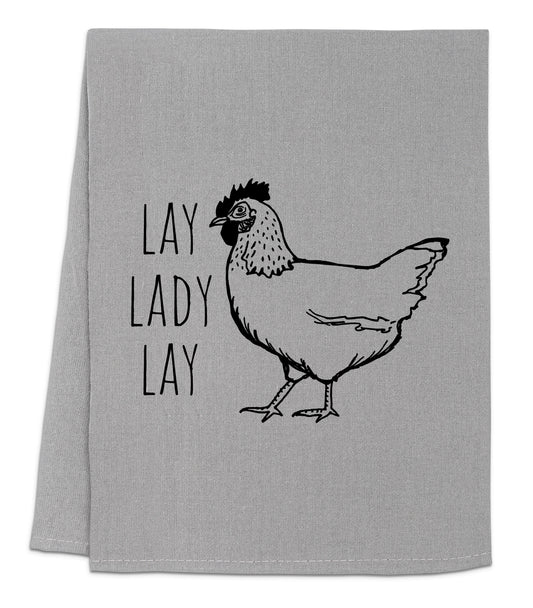 a gray towel with a chicken drawn on it