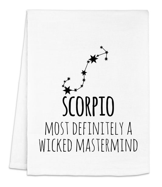 a white dish towel with the words scorpio on it
