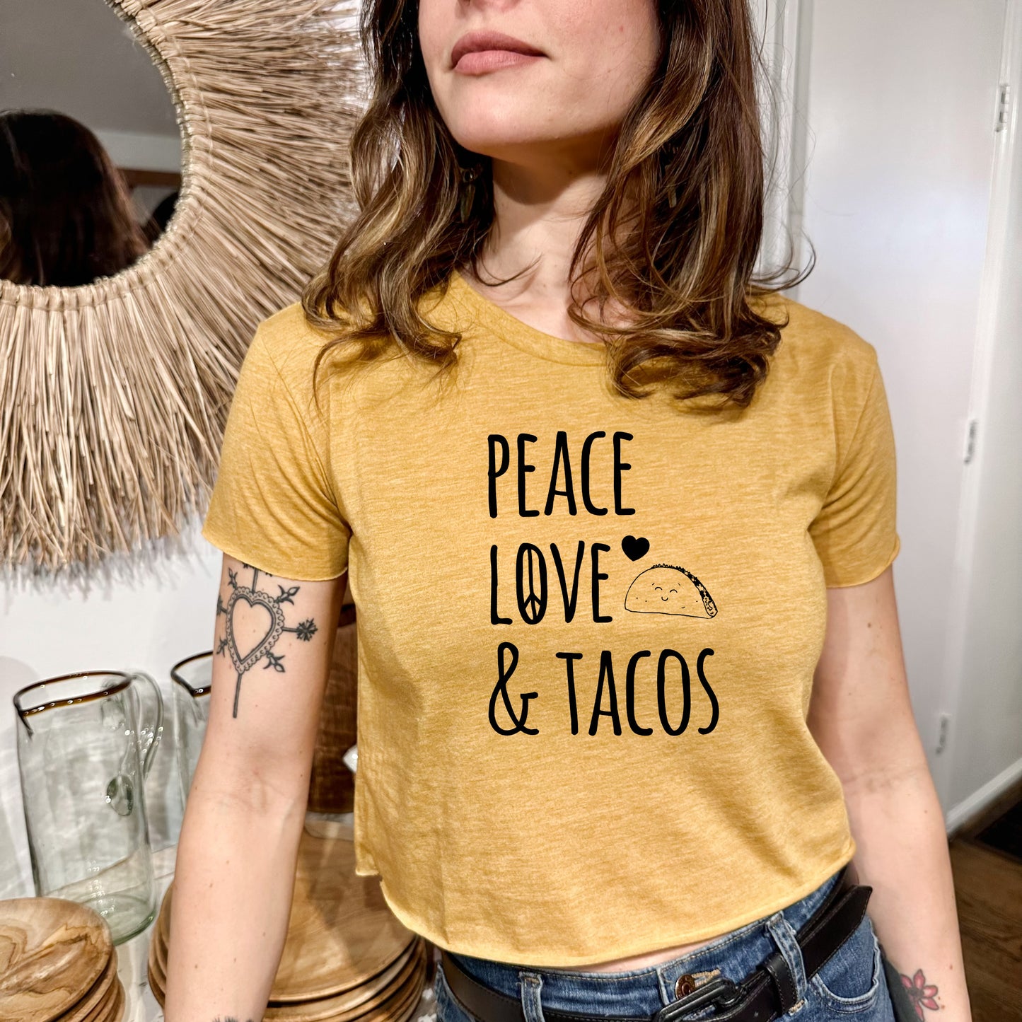 Peace Love & Tacos - Women's Crop Tee - Heather Gray or Gold