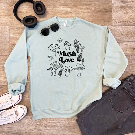 a sweatshirt with the words hush love surrounded by mushrooms