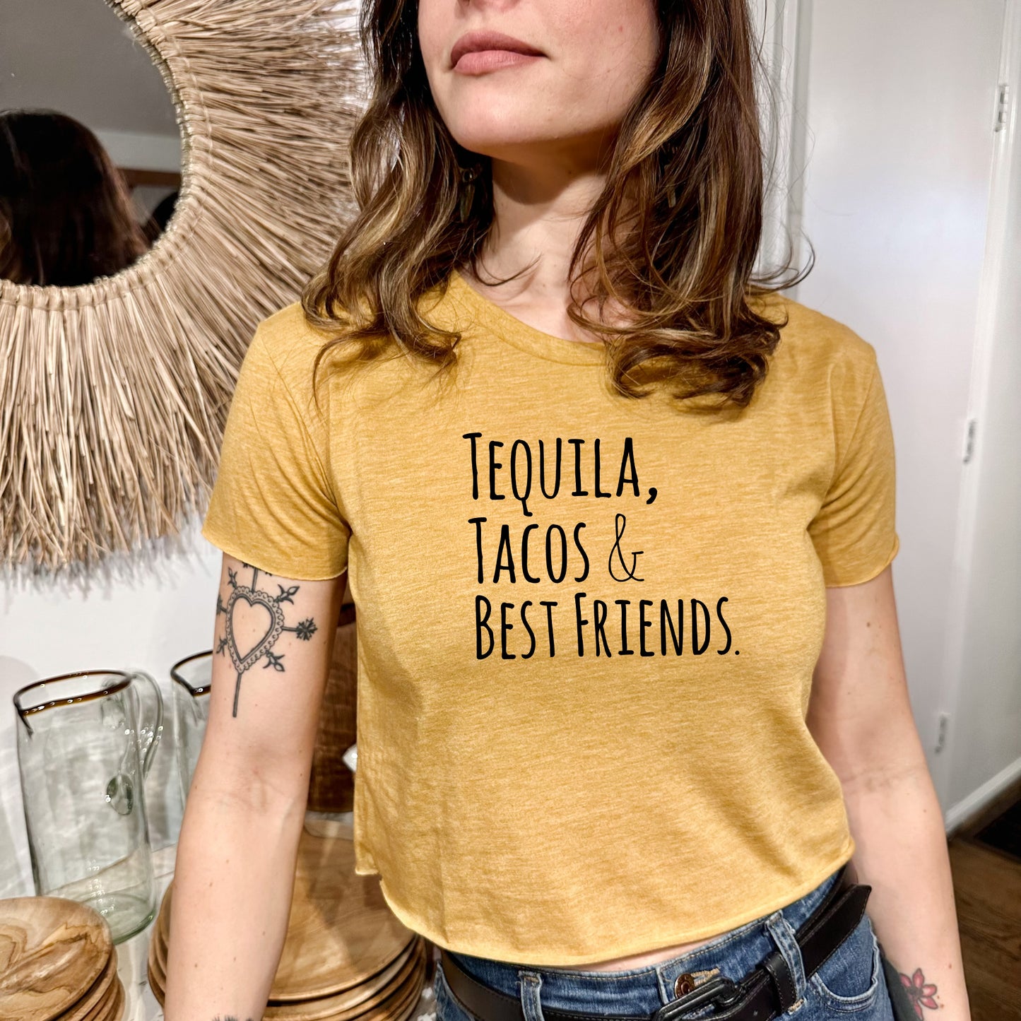 Tequila, Tacos, & Best Friends - Women's Crop Tee - Heather Gray or Gold