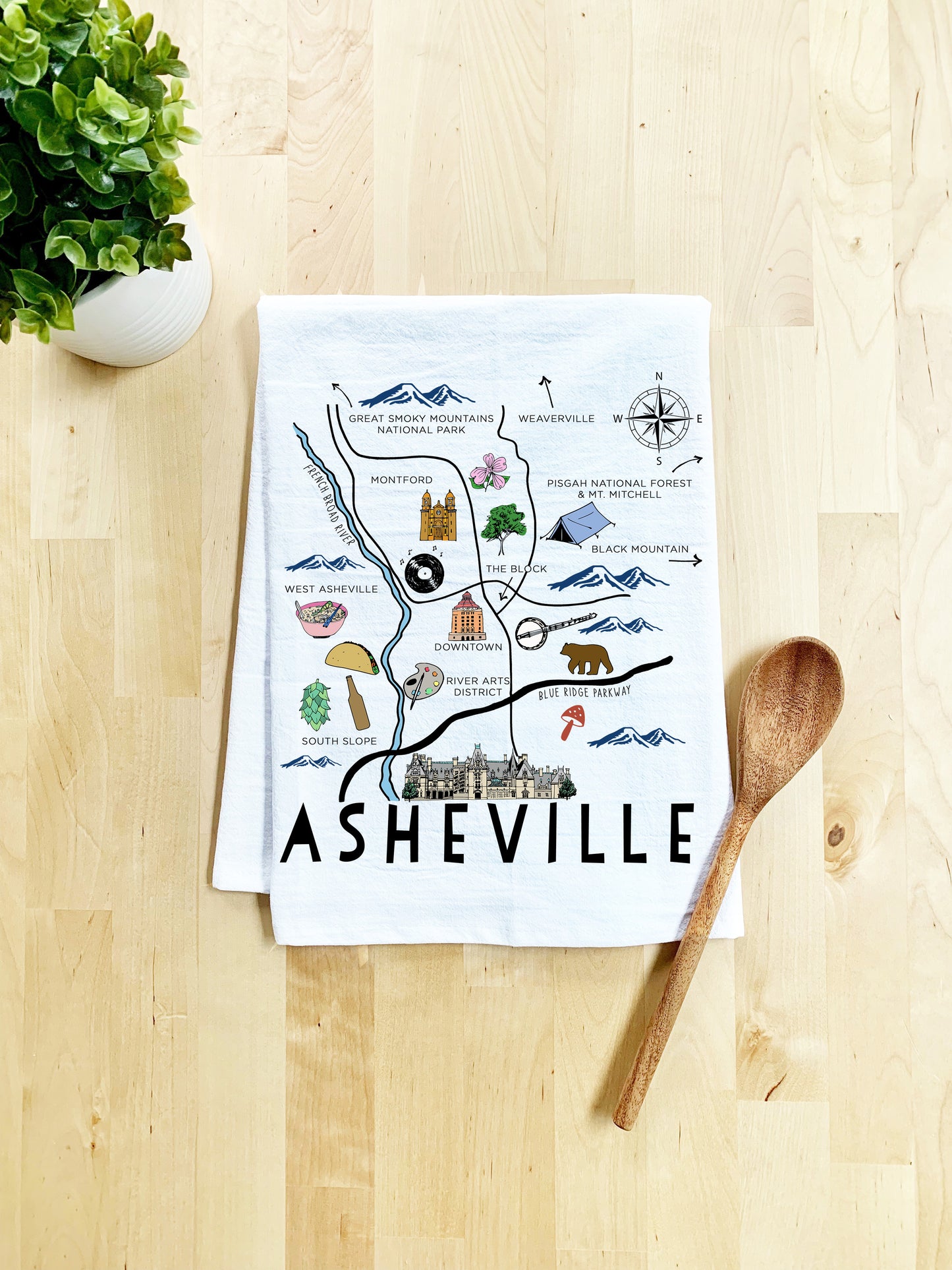 Full Color Dish Towel - Asheville Map - White