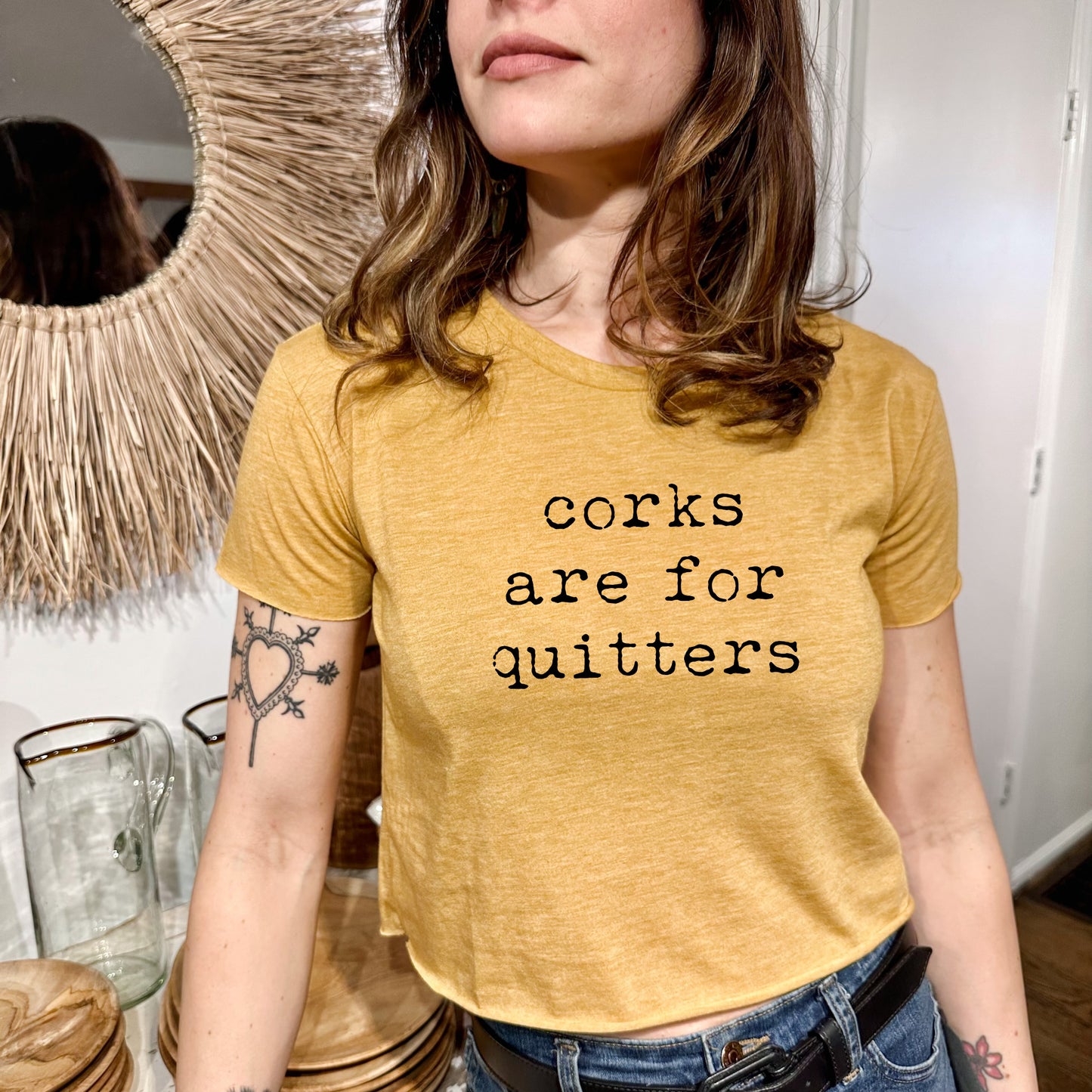 Corks Are For Quitters - Women's Crop Tee - Heather Gray or Gold
