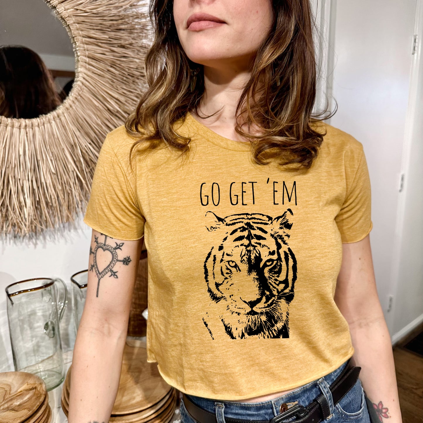 Go Get 'Em (Tiger) - Women's Crop Tee - Heather Gray or Gold
