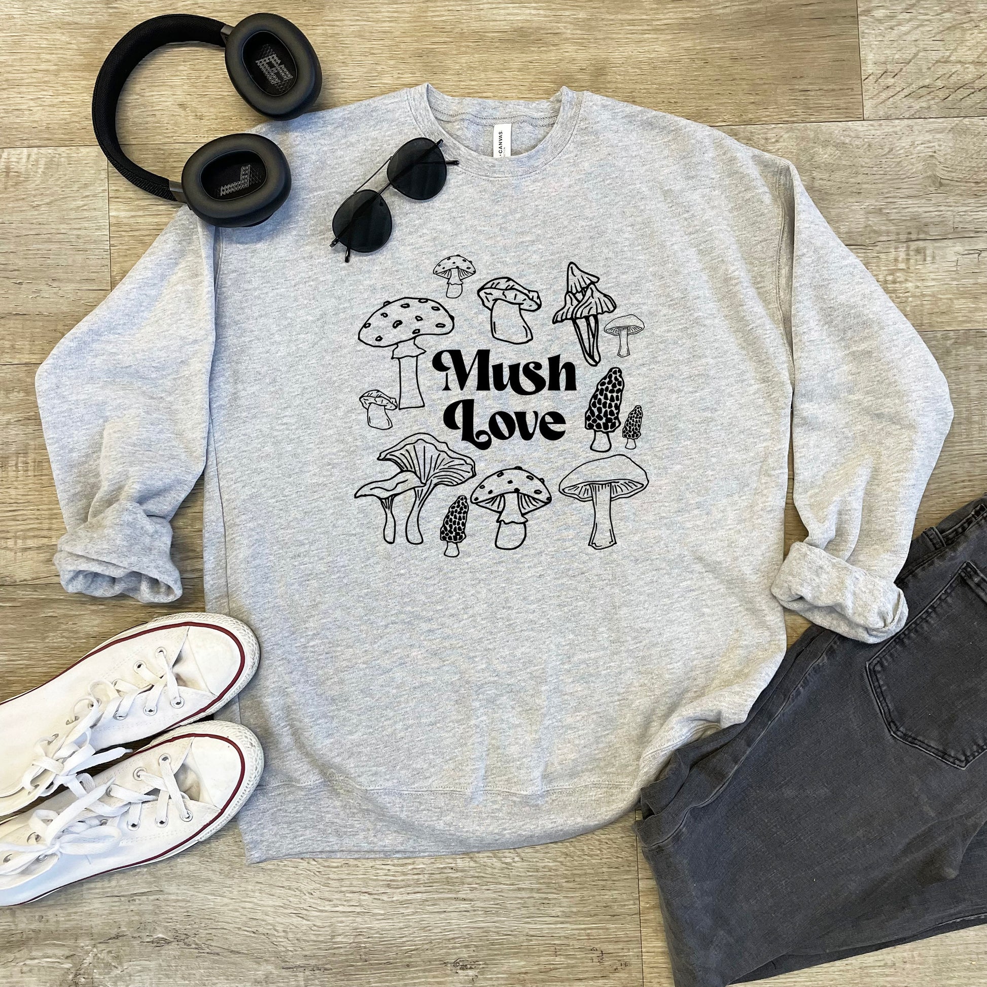a sweatshirt that says mush love surrounded by mushrooms