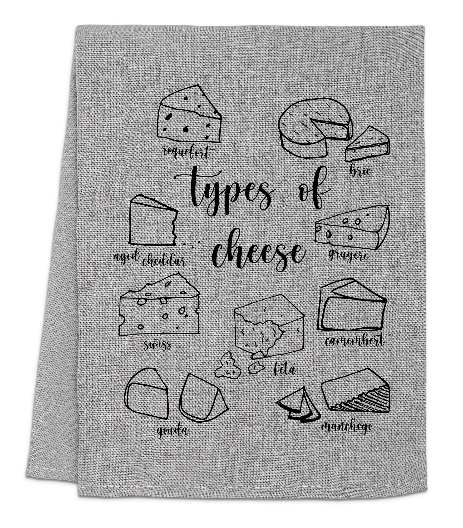 a dish towel with different types of cheese on it