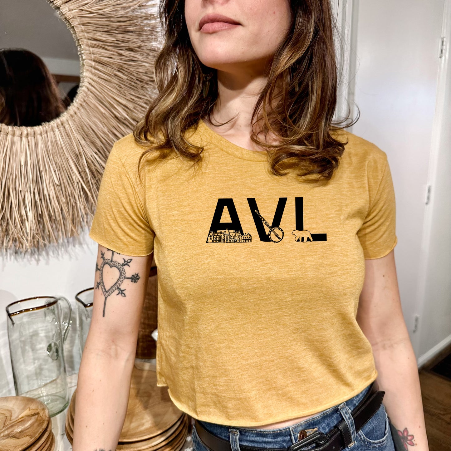 AVL (Asheville) - Women's Crop Tee - Heather Gray or Gold