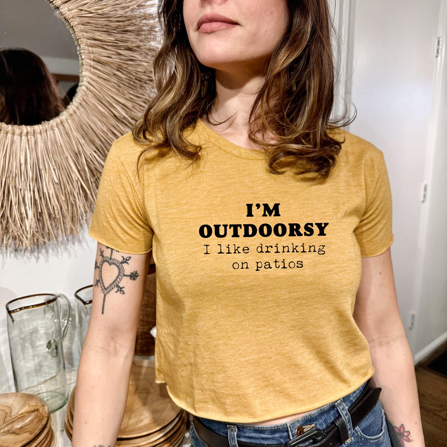 I'm Outdoorsy (I Like Drinking On Patios) - Women's Crop Tee - Heather Gray or Gold