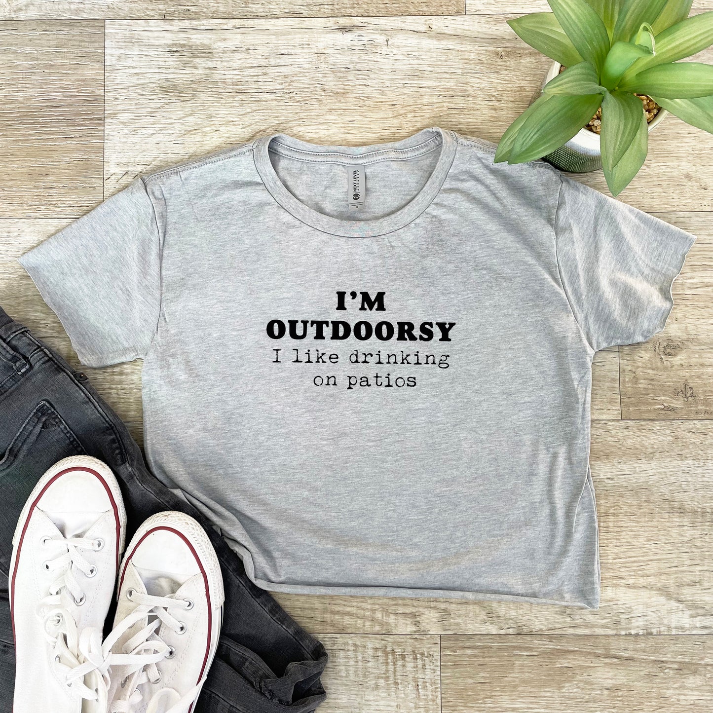 I'm Outdoorsy (I Like Drinking On Patios) - Women's Crop Tee - Heather Gray or Gold