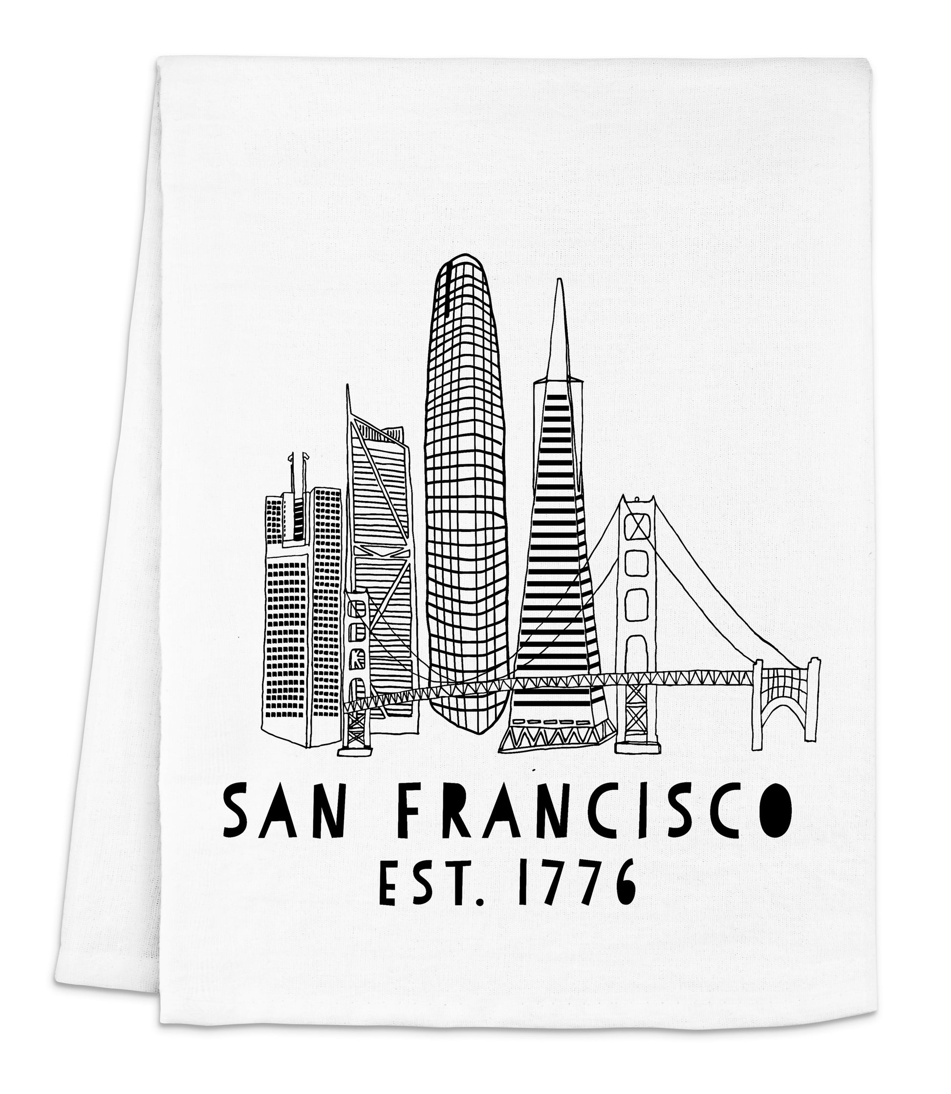 a white towel with a san francisco skyline on it