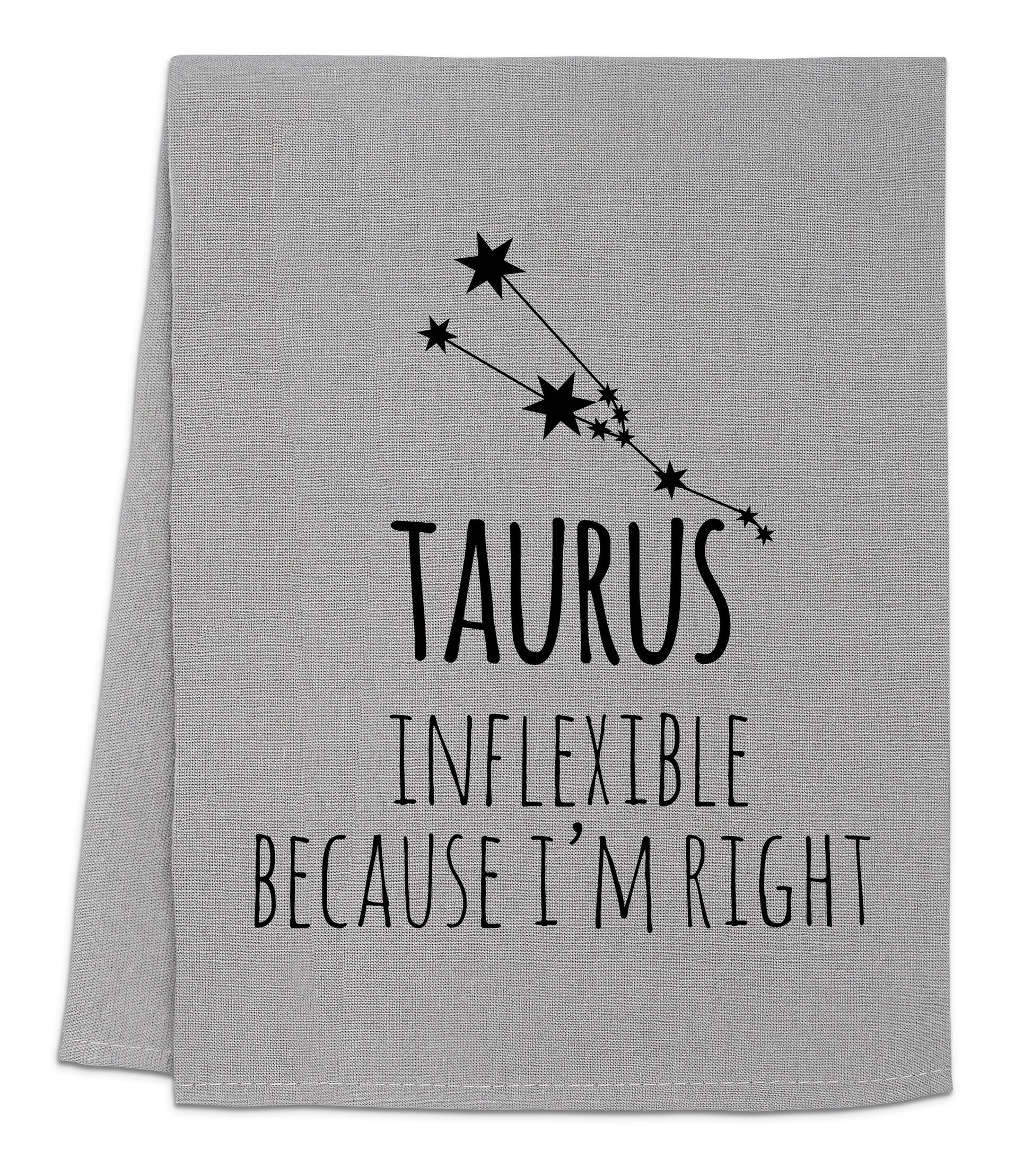 a towel with the words taurus in black on it