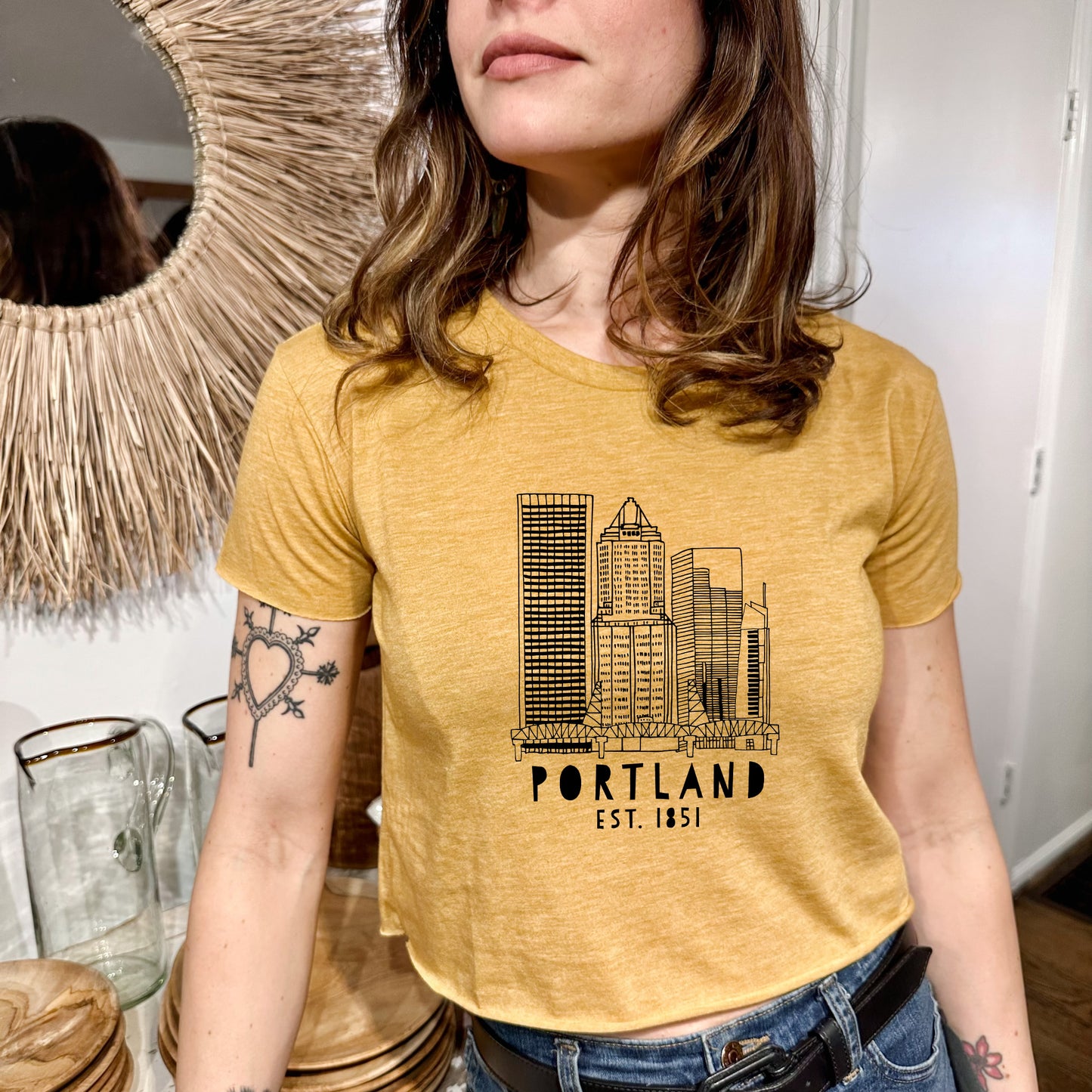 Downtown Portland, Oregon - Women's Crop Tee - Heather Gray or Gold