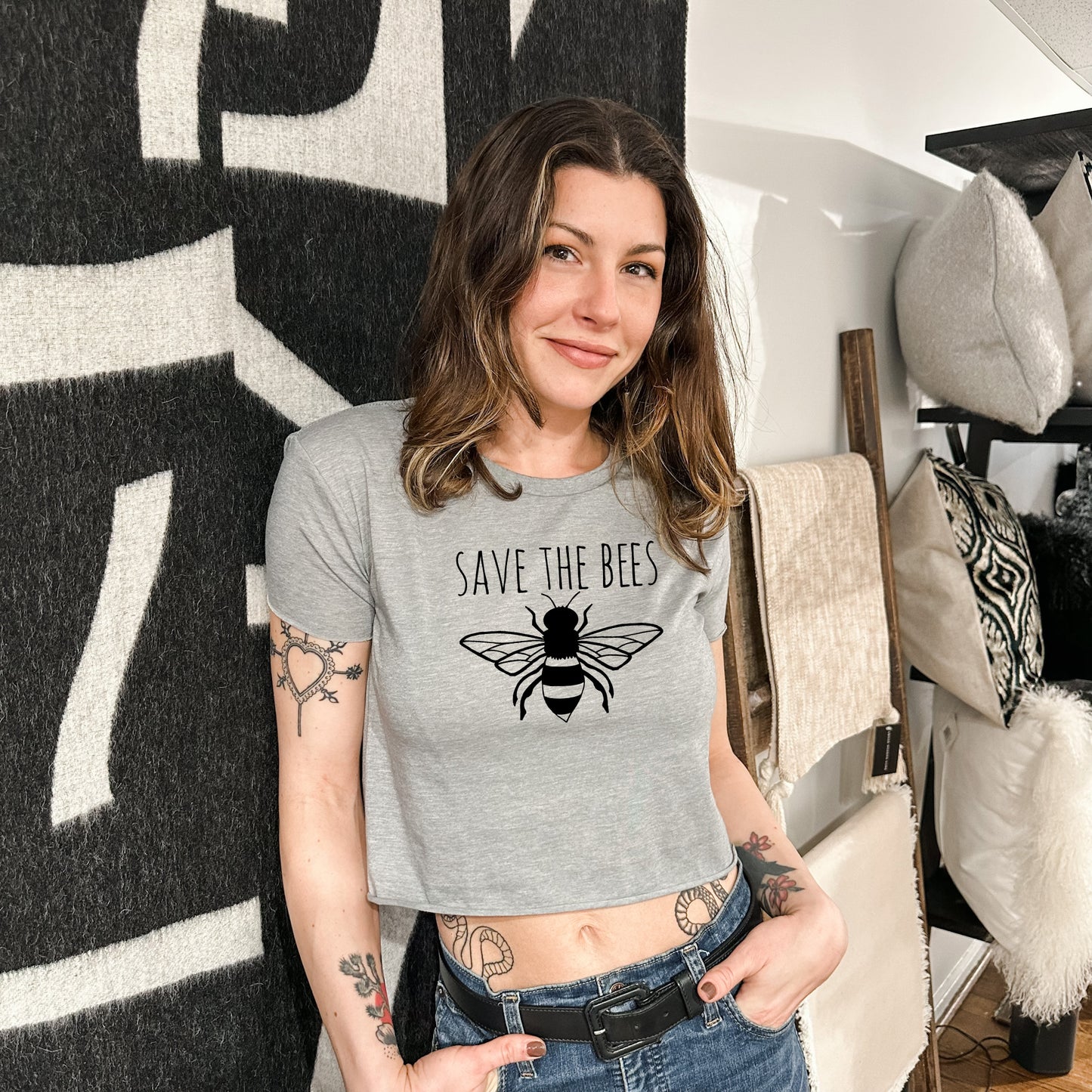 Save The Bees - Women's Crop Tee - Heather Gray or Gold