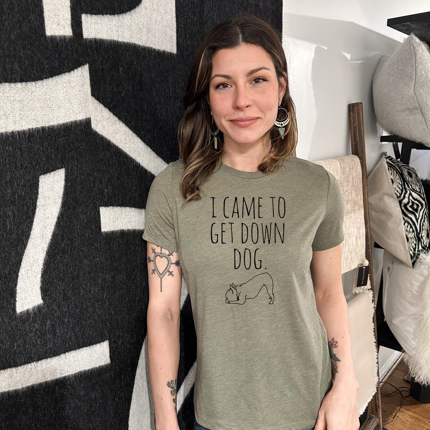 I Came To Get Down Dog (Yoga/ French Bulldog) - Women's Crew Tee - Olive or Dusty Blue