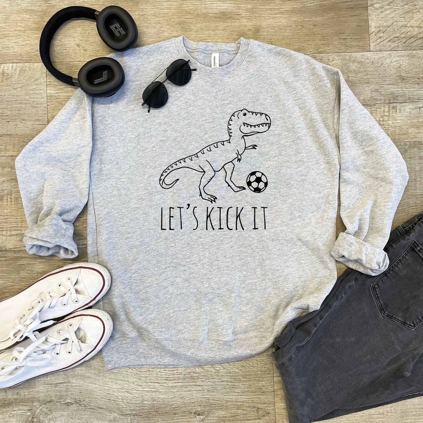 Let's Kick It (Soccer, Dinosaur) - Unisex Sweatshirt - Heather Gray or Dusty Blue