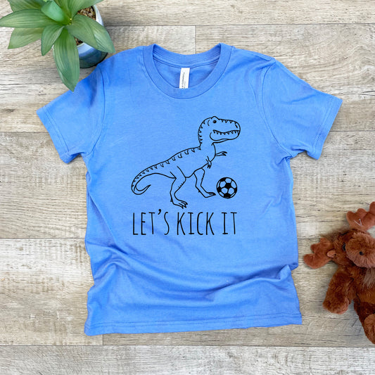 Let's Kick It (Soccer, Dinosaur) - Kid's Tee - Columbia Blue or Lavender