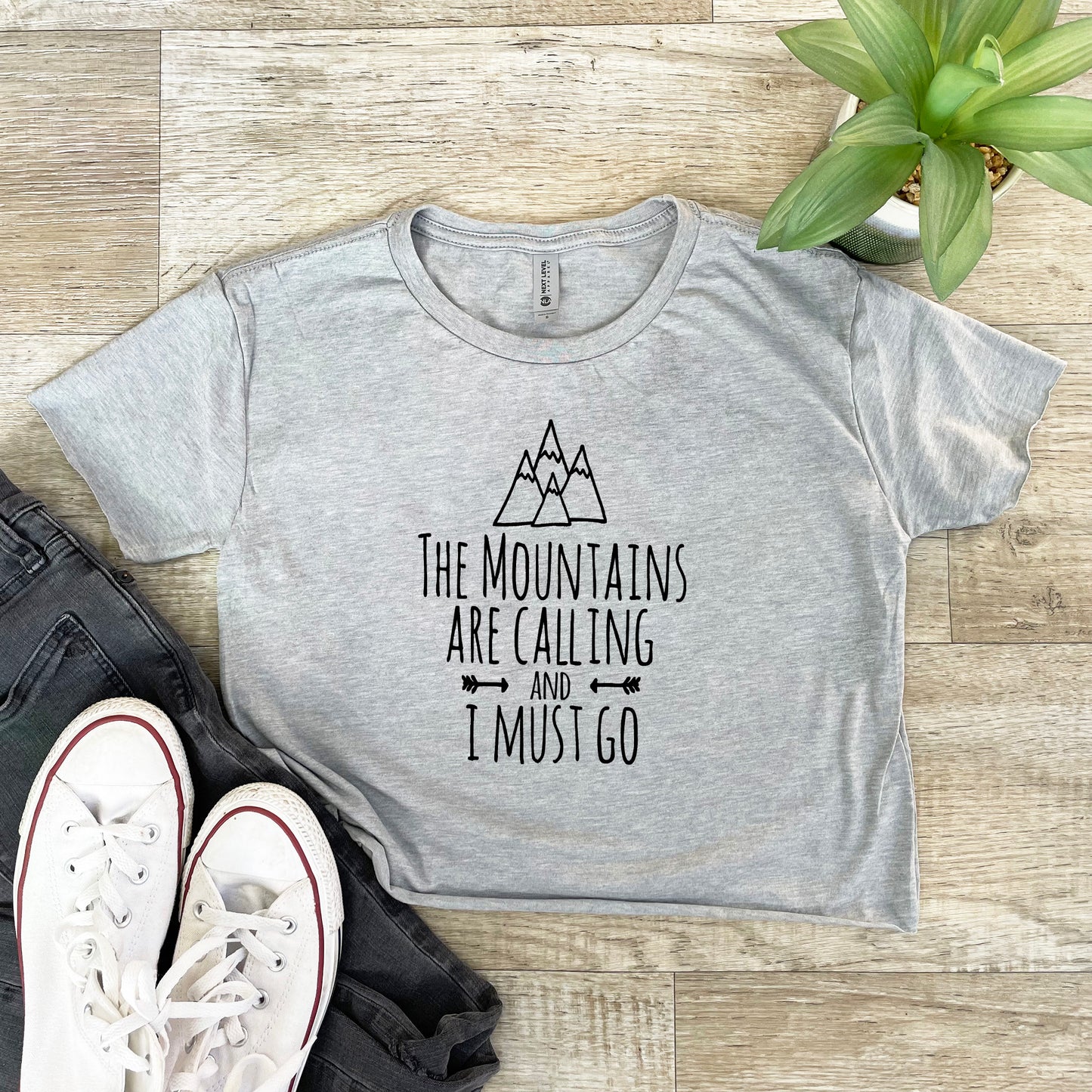 The Mountains Are Calling And I Must Go - Women's Crop Tee - Heather Gray or Gold