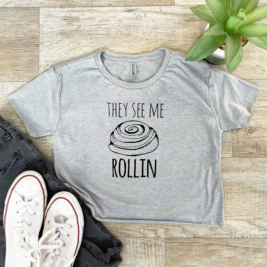 They See Me Rollin' (Cinnamon Roll) - Women's Crop Tee - Heather Gray or Gold