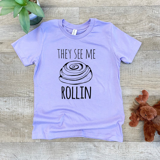 They See Me Rollin' (Cinnamon Roll) - Kid's Tee - Columbia Blue or Lavender